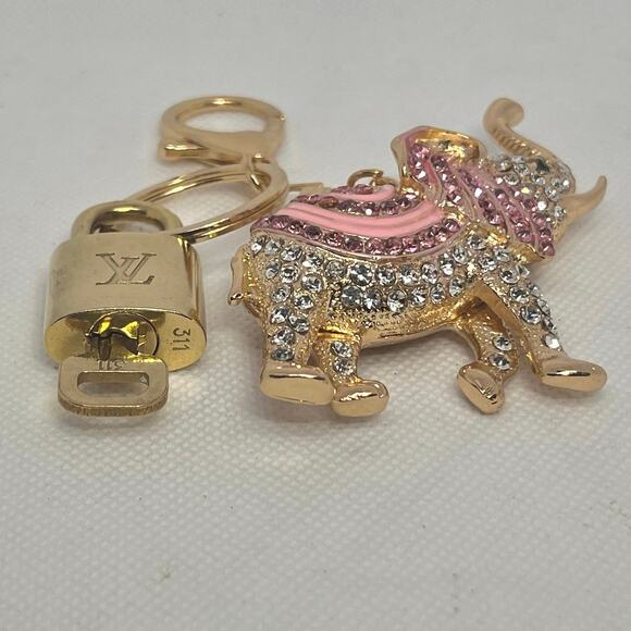 Louis Vuitton Gold Brass Lock and Key Set #311 with Bling Elephant Keychain - Picture 4 of 5